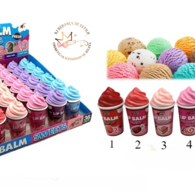 Bálsamos labiais em frascos que parecem gelados de várias cores em expositor