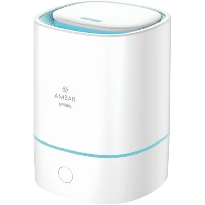 Difusor de ambiente branco com detalhes azuis e texto AMBAR perfume