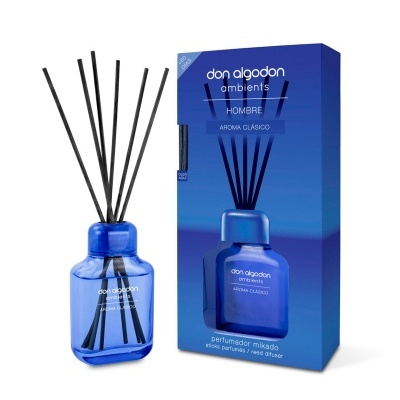 Perfume de ambiente mikado azul com varas pretas e caixa azul da don algodon