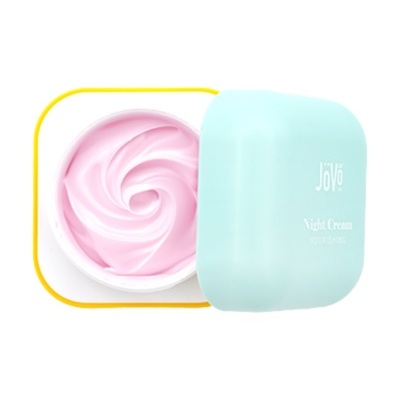 Creme noturno rosa em embalagem azul clara com texto Joyo Night Cream