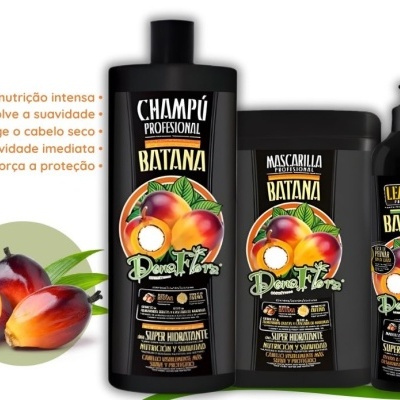 Produtos para cabelo Batana com rótulos em preto e ilustrações de frutos tropicais