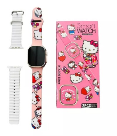 Relógio inteligente Hello Kitty com pulseiras rosa e branca e embalagem cor-de-rosa.