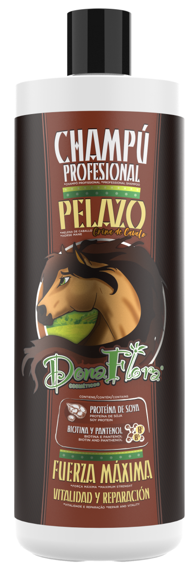 Frasco de champô profissional Dona Flora com imagem de cavalo e texto informativo