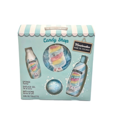 Conjunto Candy Shop com esponja, gel de duche, bomba de banho e eau de toilette