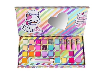 Estojo de maquilhagem com várias cores e figura de gato com chapéu de cozinheiro