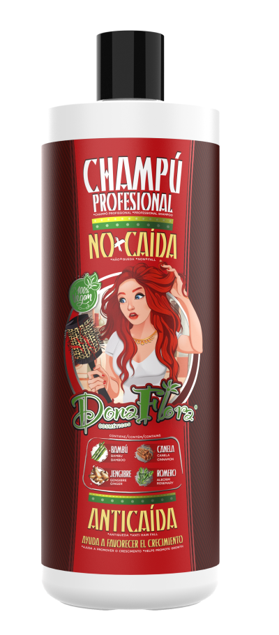 Frasco de champô profissional antiqueda Dona Flora com rótulo vermelho e ilustração de mulher ruiva