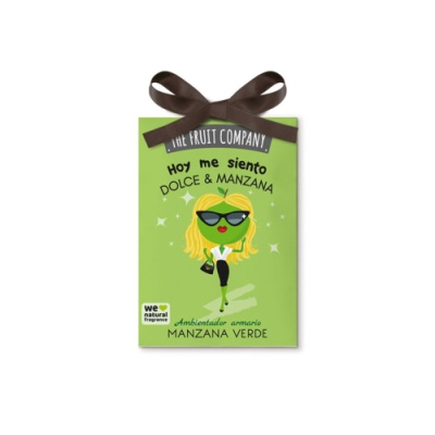 Ambientador de armário verde com fita castanha e ilustração de maçã verde com óculos de sol