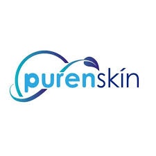 Logótipo da marca 'purenskin' com design azul e elementos circulares