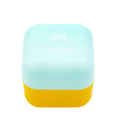 Frasco quadrado azul claro e amarelo de creme noturno Jövé