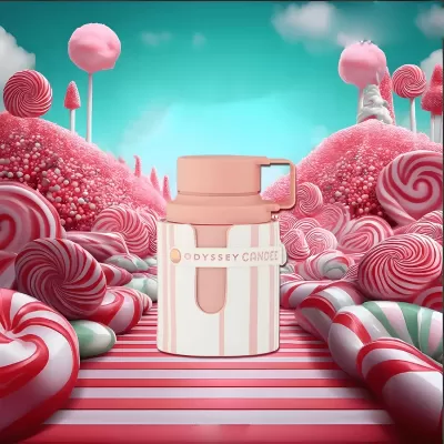 Garrafa térmica rosa com capa listrada rodeada de doces coloridos.