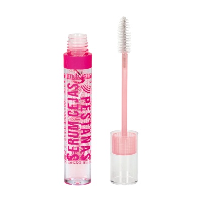 Sérum para pestanas transparente com tampa rosa e pincel