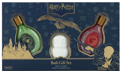 Conjunto de banho Harry Potter com bomba de banho branca e dois géis de duche perlados verde e vermelho