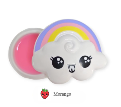Bálsamo labial em recipiente de nuvem com arco-íris e etiqueta Morango