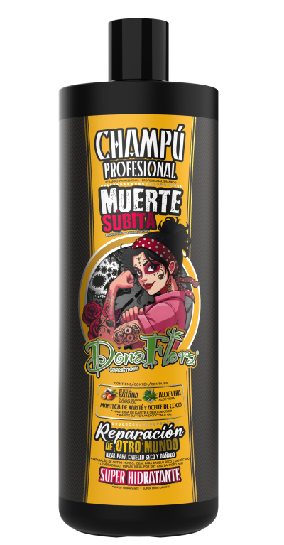 Frasco preto de champô profissional Muerte Subita Dona Flora com rótulo amarelo e ilustração colorida.