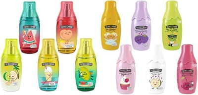 Frascos coloridos de gel de banho para crianças com ilustrações de frutas e personagens