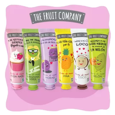 Seis tubos de creme para mãos coloridos com desenhos de frutas e textos da THE FRUIT COMPANY