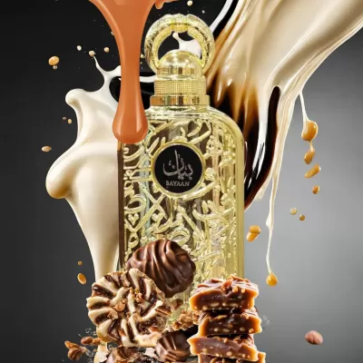 Frasco de perfume dourado decorativo com chocolates e líquidos em tons caramelo e branco