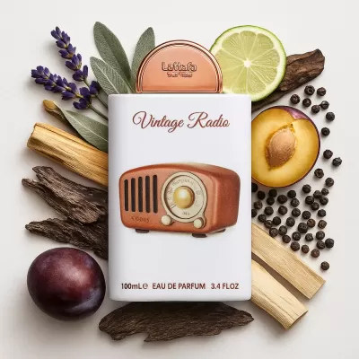 Frasco de perfume Vintage Radio com design de rádio retro cercado por ingredientes naturais