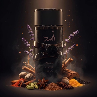 frasco de perfume preto com dourado e especiarias