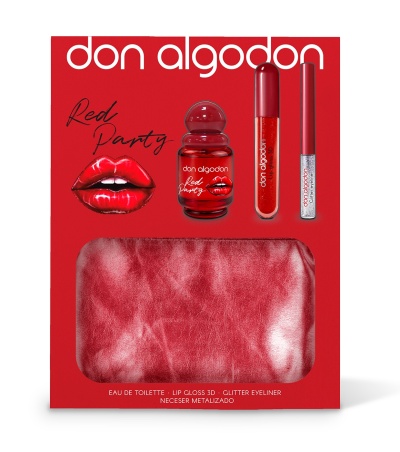 Conjunto beleza don algodon Red Party com frasco eau de toilette, lip gloss, glitter eyeliner e necessaire vermelho.