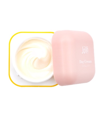 Creme de dia em recipiente branco com tampa rosa claro e texto Joyé Day Cream