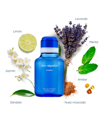 Frasco azul de perfume don algodon com ingredientes naturais ao redor.