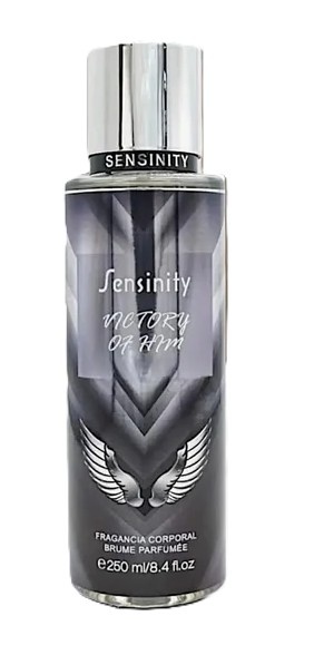 Frasco de fragrância corporal SENSINITY VICTORY OF HIM cinza com tampa prateada.