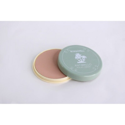 pó compacto creme com tampa verde e texto branco