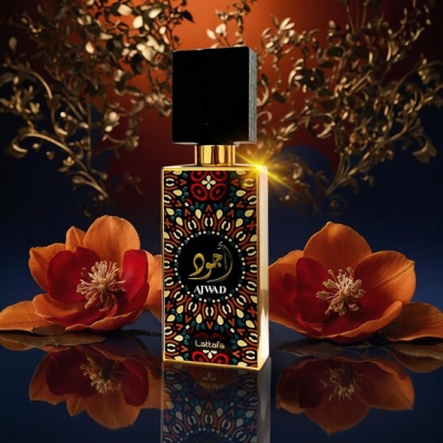 Frasco de perfume decorado com flores laranja