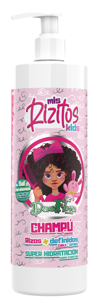 Frasco de shampoo infantil Miss Rizitos kids com ilustração, rótulo rosa