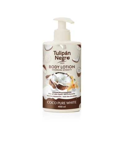 Loção corporal Tulipán Negro 400 ml com aroma de coco em embalagem branca com tampa de bomba