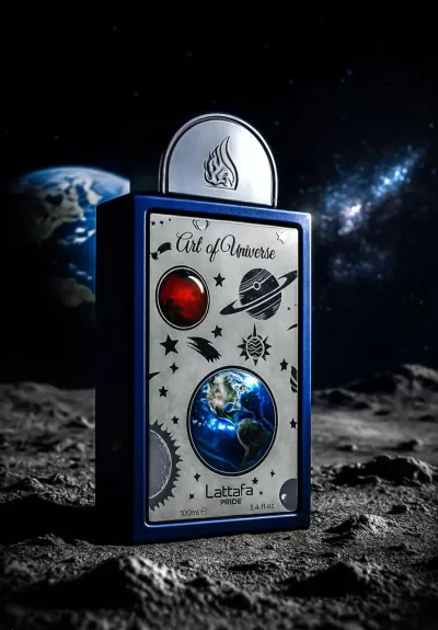 Frasco de perfume azul com desenhos espaciais e texto em superfície lunar