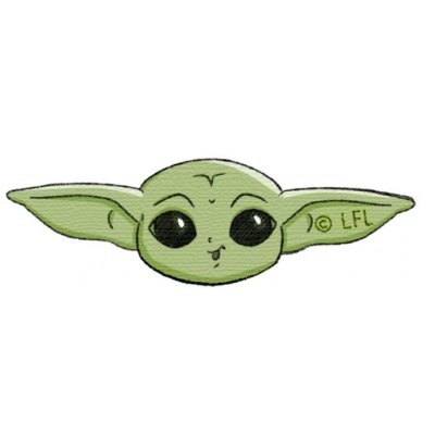 Bordado da cabeça do Baby Yoda verde com olhos pretos grandes e texto © LFL