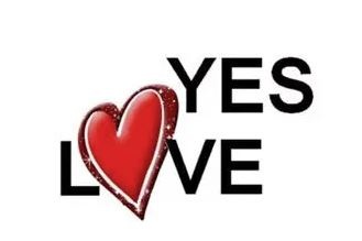 Texto YES LOVE com coração vermelho no lugar do O