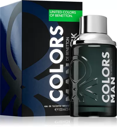 Frasco de perfume preto Colors Man com embalagem da United Colors of Benetton