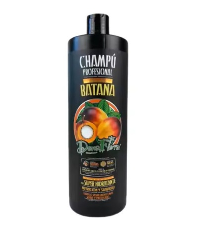Frasco preto de champô profissional Batana com etiqueta colorida