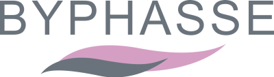 Logótipo da marca BYPHASSE com texto cinzento e formas curvas rosa e cinzenta