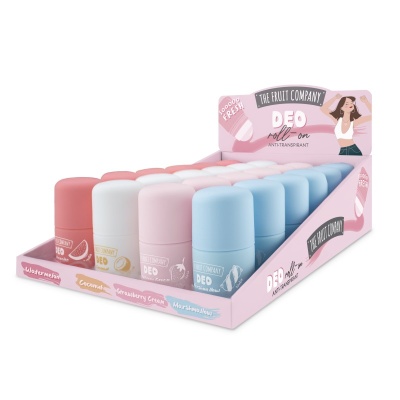 Expositor com desodorizantes roll-on coloridos da THE FRUIT COMPANY em várias cores e sabores