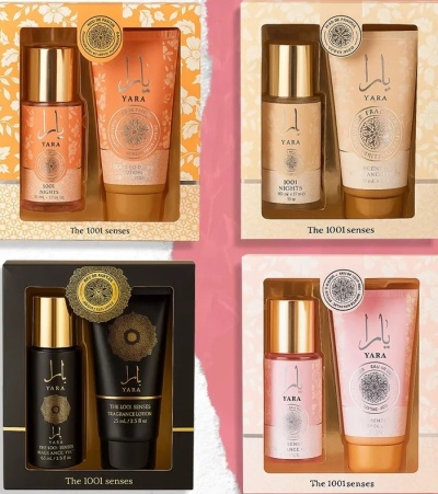 Conjuntos de fragrâncias YARA em caixas coloridas com frascos e tubos embalados.