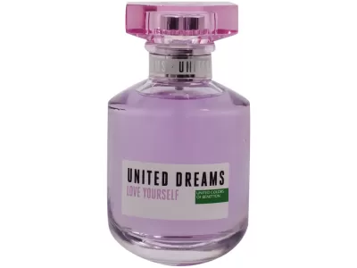 Frasco lilás de perfume United Dreams Love Yourself da Benetton com tampa rosa.