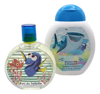 Frascos de Eau de Toilette e gel de banho com personagens Dory e Nemo