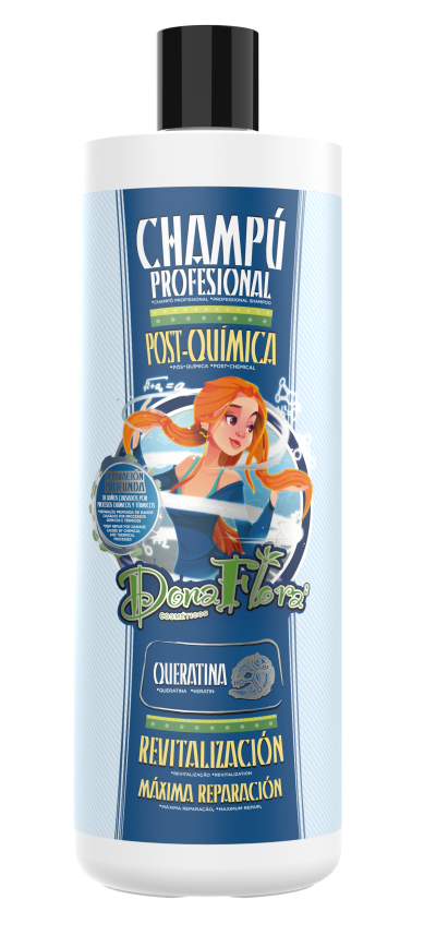 Frasco de champô Dona Flora azul e branco com tampa preta e ilustração de mulher com cabelo laranja