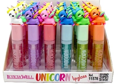 Conjunto de lipgloss com tampas de unicórnio coloridas em embalagem aberta