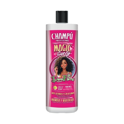 Frasco de champô profissional Dona Flora Magic Curls com tampa preta e rótulo rosa e branco
