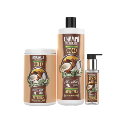 Conjunto de produtos capilares de coco em embalagens castanhas e brancas