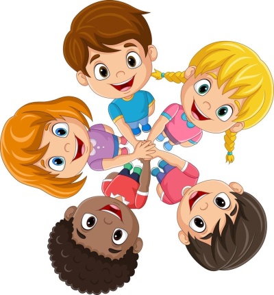 Cinco crianças vistas de cima com as mãos unidas em círculo