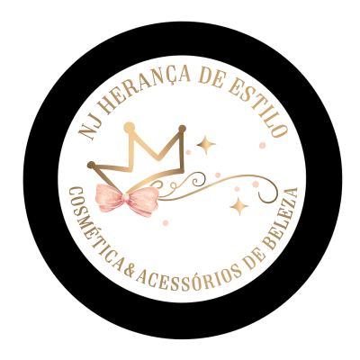 Logótipo circular com coroa dourada, laço rosa e texto dourado em fundo branco e borda preta.