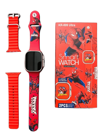 Smartwatch vermelho com tema Homem-Aranha e caixa correspondente