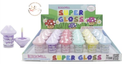 Expositor com vários frascos de gloss labial Super Gloss em várias cores