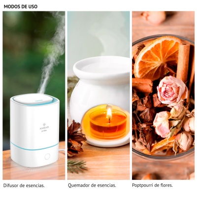 Difusor branco e queimador de essências com vela meia-lua acesa, e potpourri em recipiente de vidro